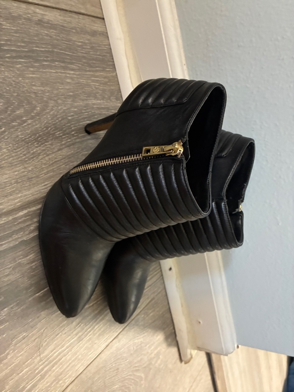 Ann Taylor Black Quilted Pointed Ankle Booties with Gold Zip